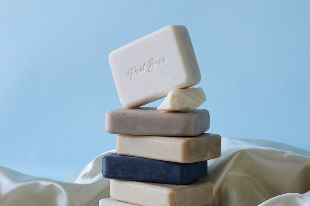 A stack of Peet Bros. Palm Oil Free Natural Bar Soaps