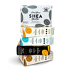 stack of bar soap packages showing the five varieties of shea butter soap